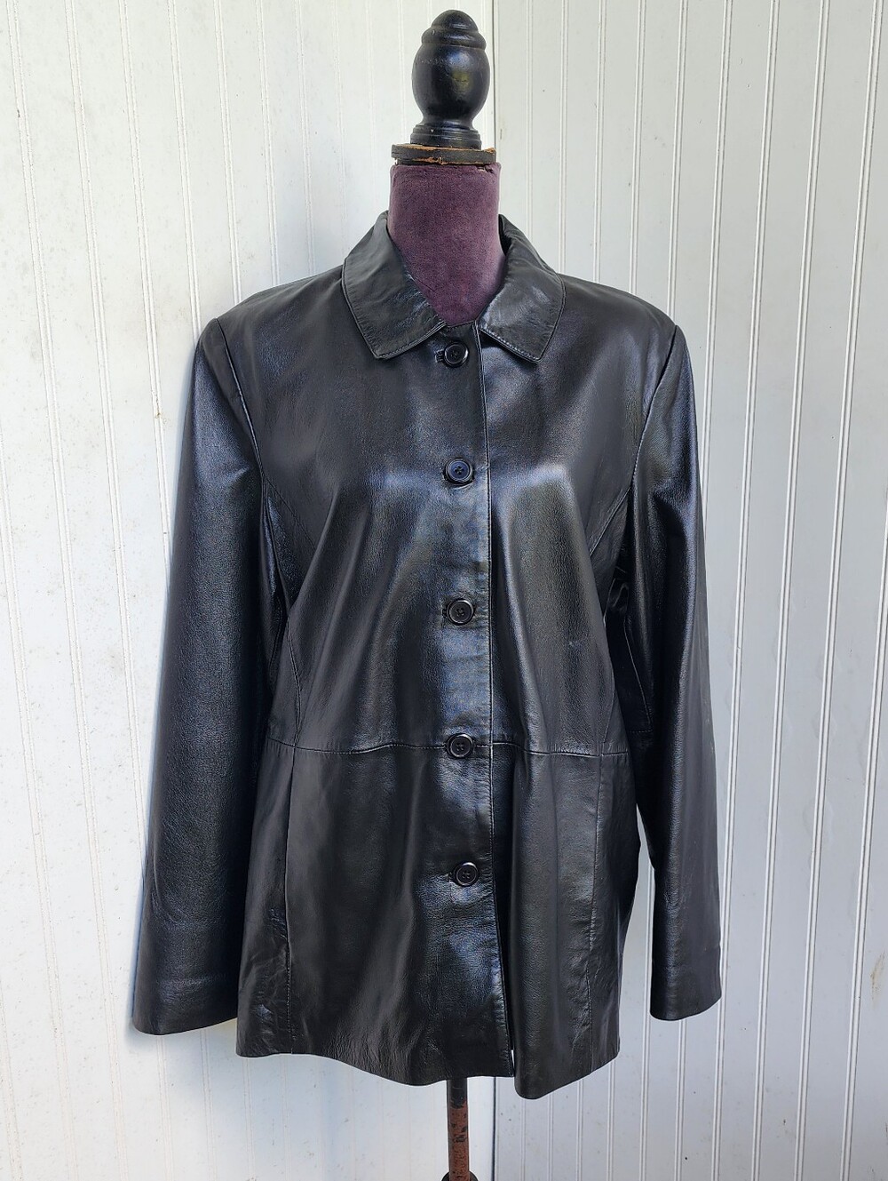 Style & Co Black Soft Genuine Leather Coat Jacket Button Up Collared Sz XL